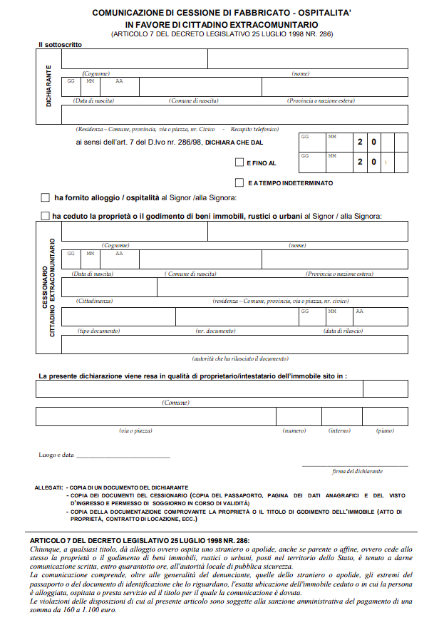 Anteprima modello ospitalità extracomunitario art. 7